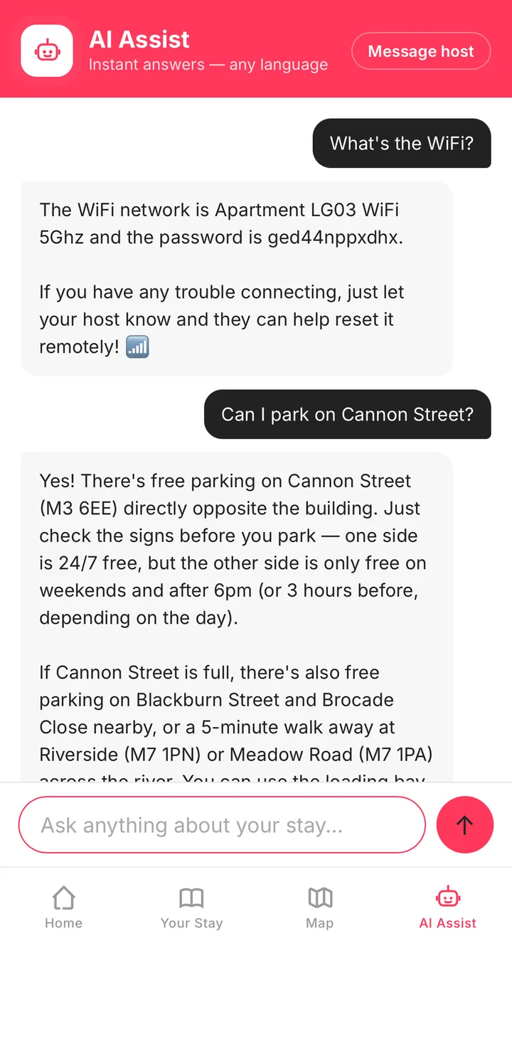 Guidebook AI Assist chat answering guest questions about WiFi and parking