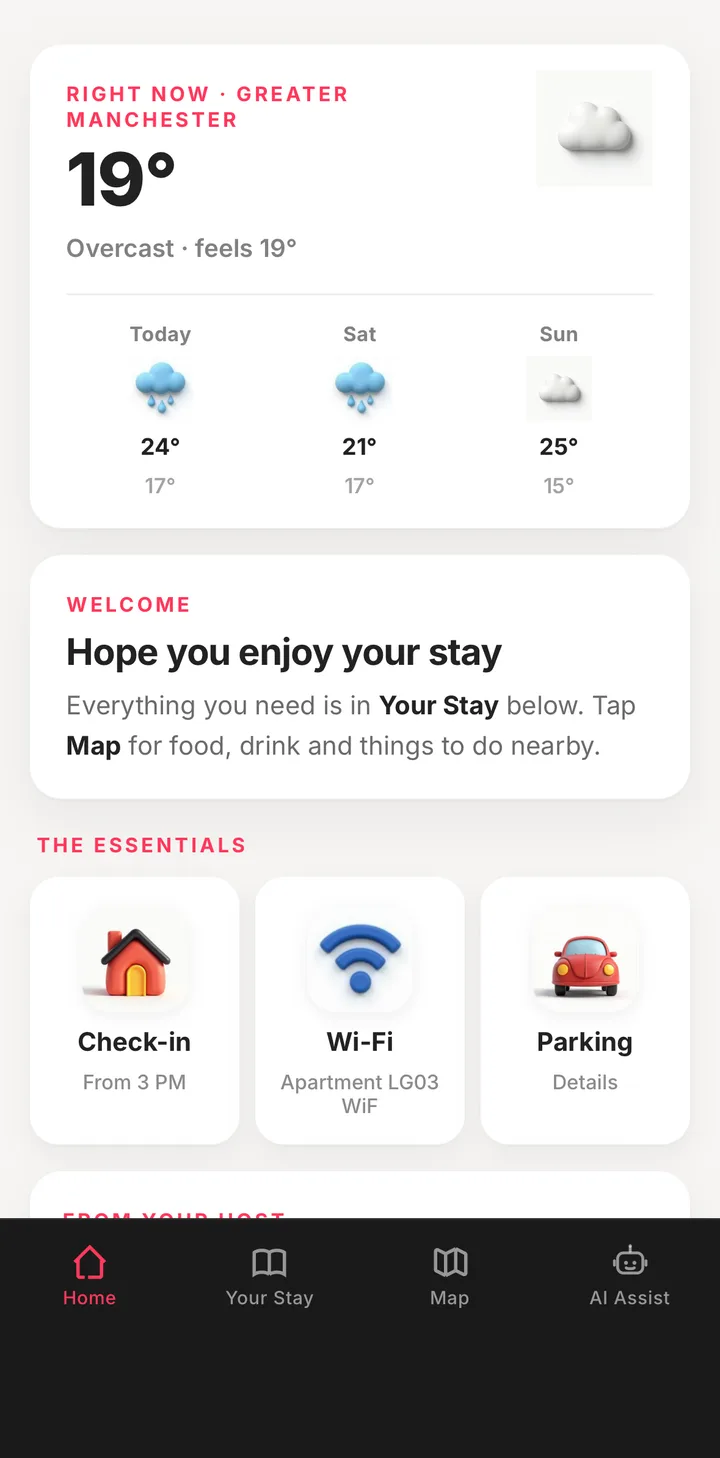 Guidebook home screen with live weather and quick links to the essentials