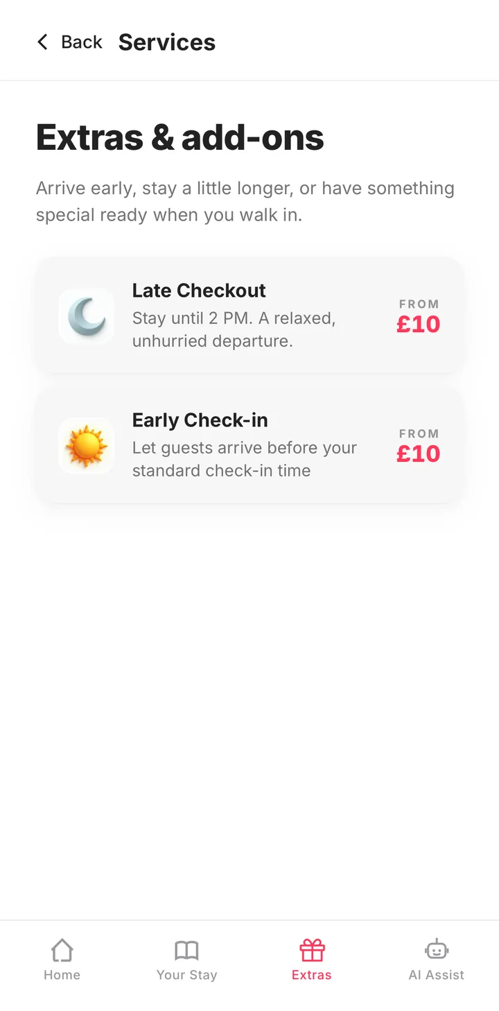 Guidebook extras screen offering late checkout and early check-in upsells