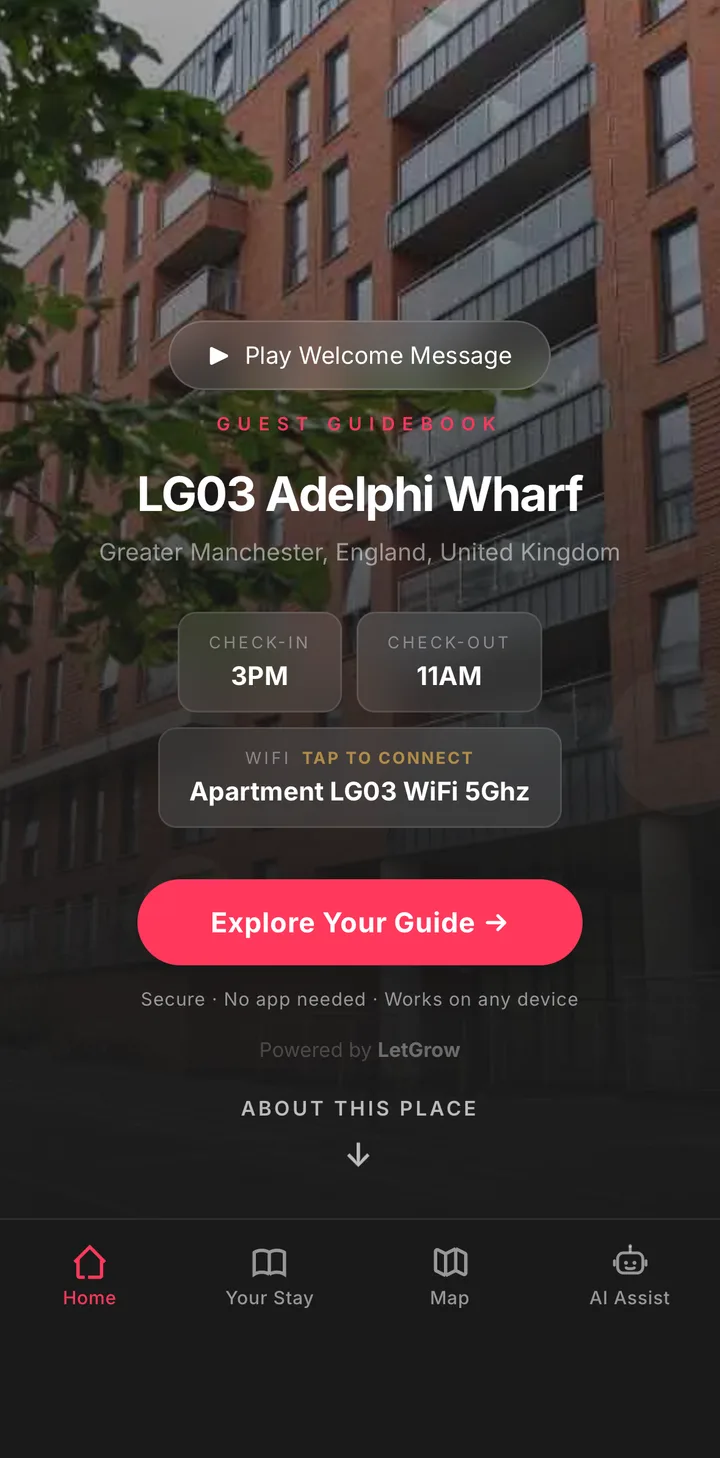 LetGrow guest guidebook home screen for a Manchester apartment, showing check-in times, WiFi and a play welcome message button