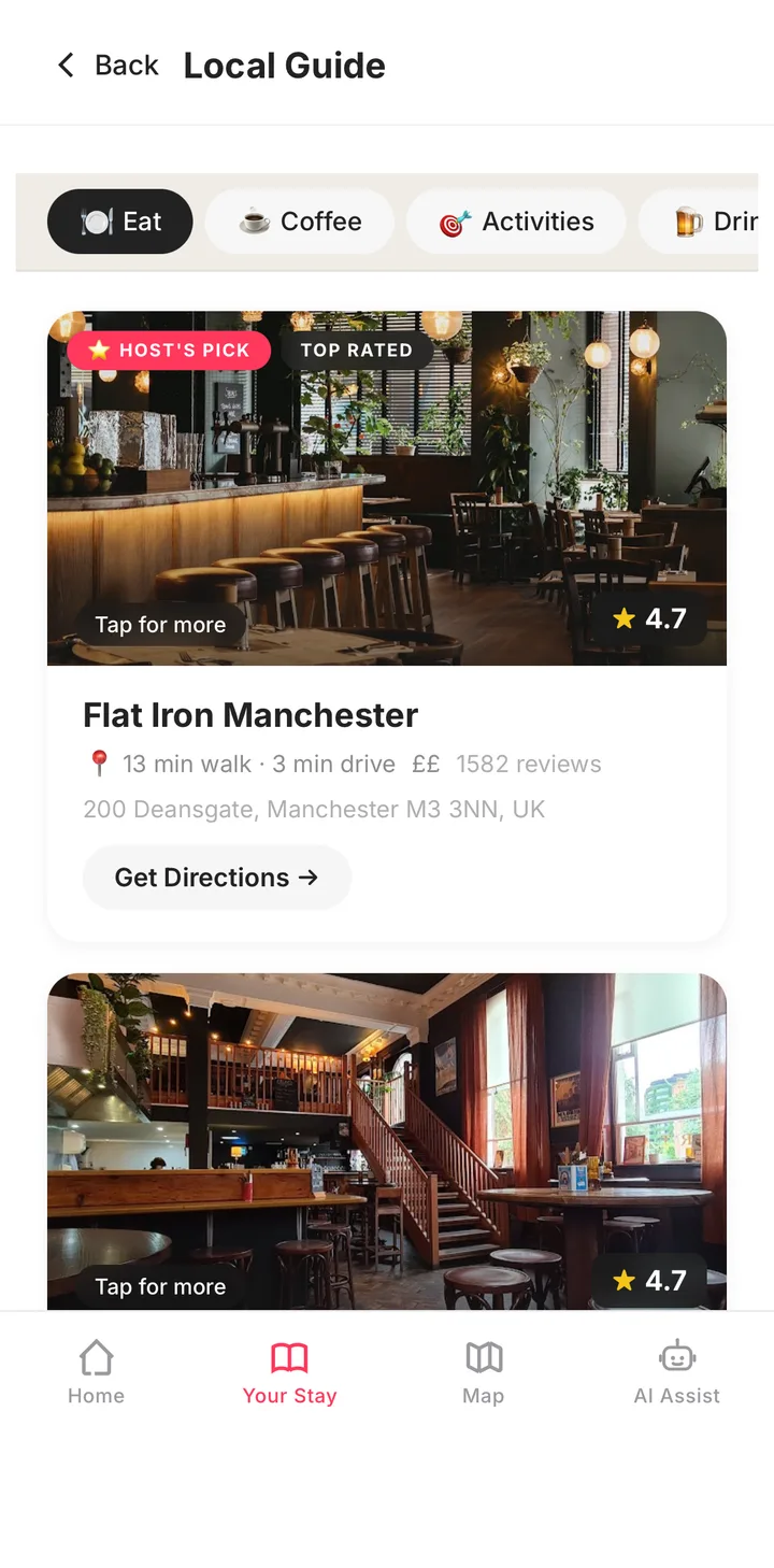 Guidebook local guide showing a recommended restaurant with rating and directions