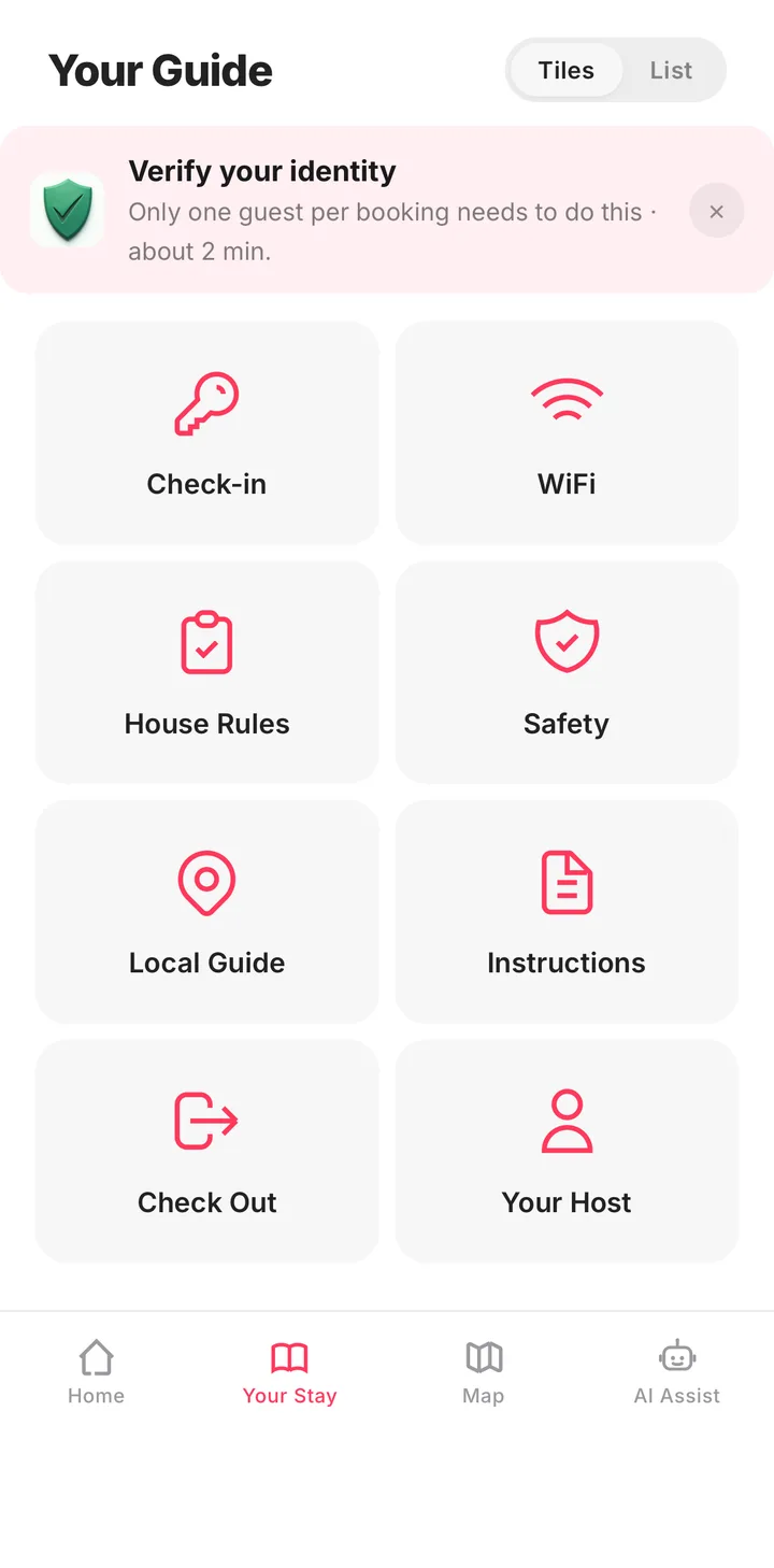 LetGrow guest guidebook sections grid — check-in, WiFi, house rules, safety, local guide and more