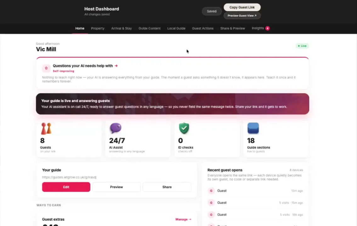 LetGrow host portal dashboard